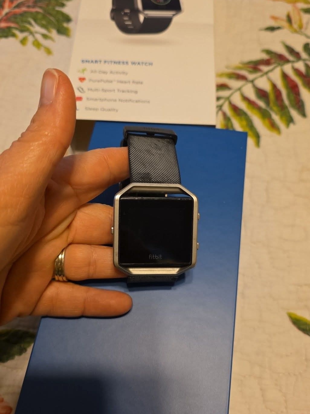 fitbit Silver and Black Smartwatch with Navy Band